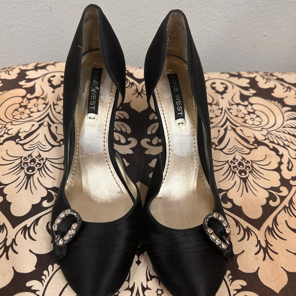 Nine West Black Satin Heels with Rhinestone Buckle | Elegant Evening Pumps